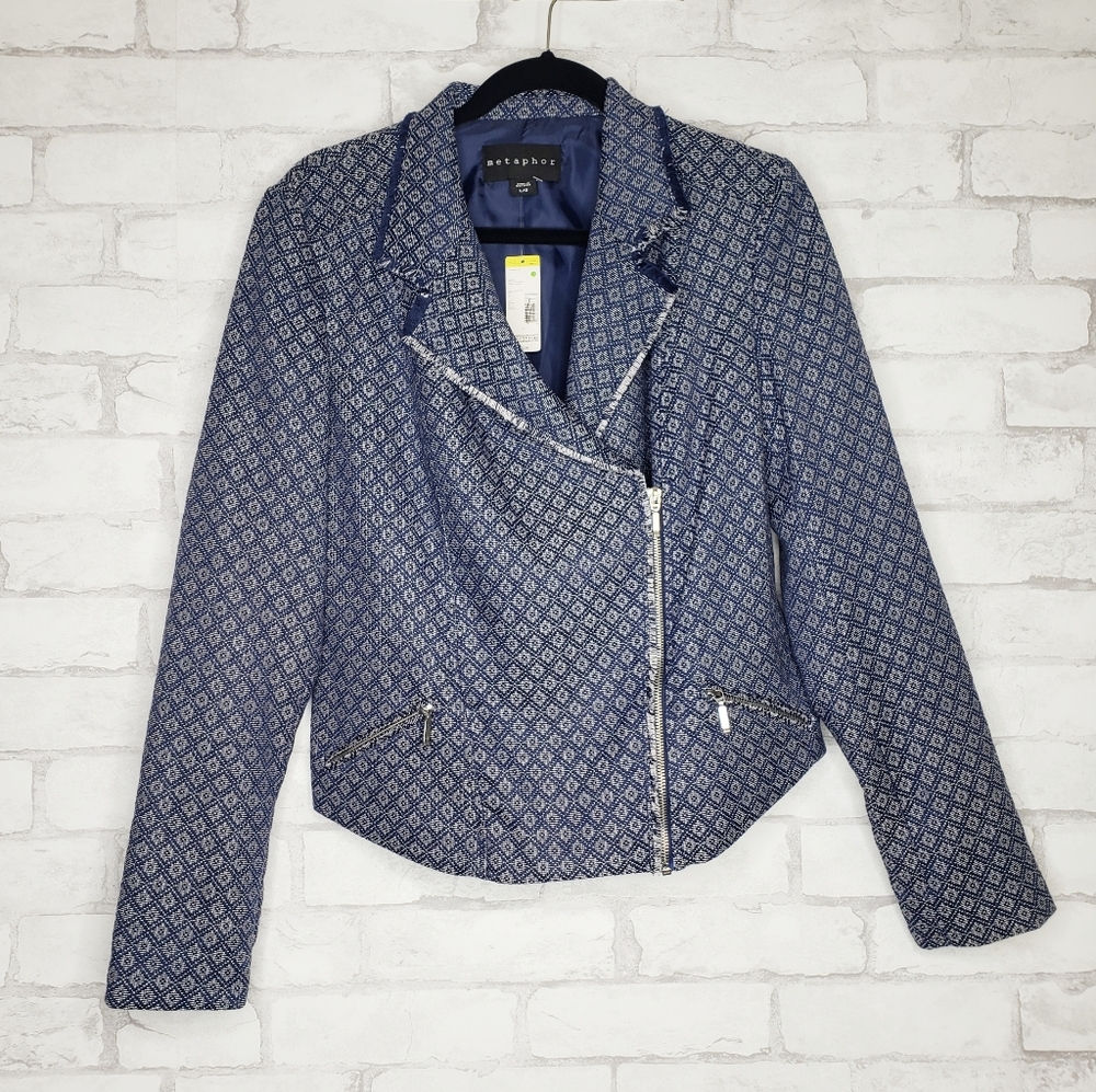 Metaphor White and Blue Jacquard Drape Zip Jacket